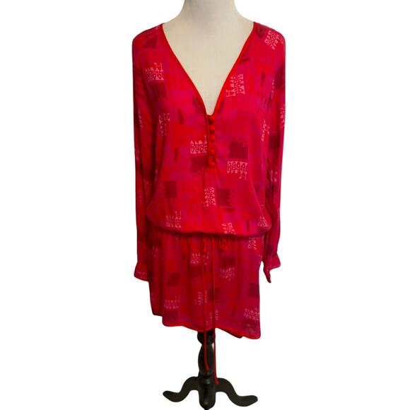 Veronica Beard Tie Waist Dress Coverup Women's Large Pink Print V-neck Casual - Picture 1 of 8